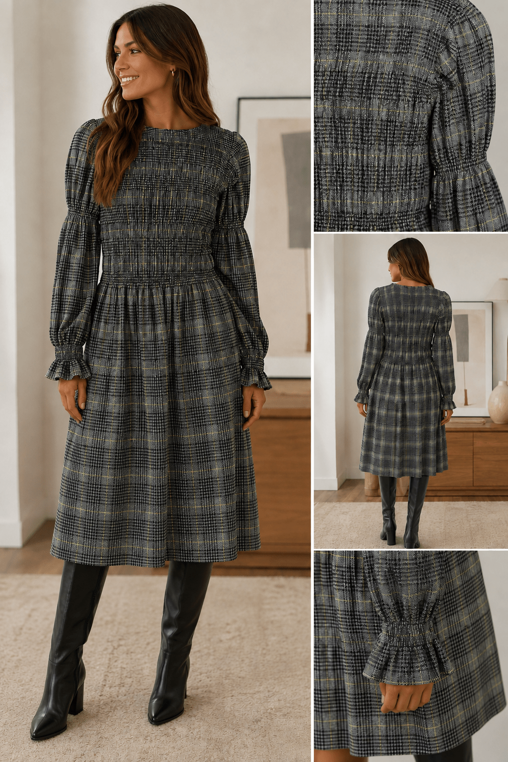Vestido midi de cuadros con manga abullonada